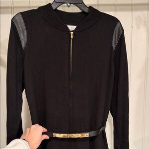 Calvin Klein Black Women's Zip Up Sweater Dress with Belt and Leather Accents